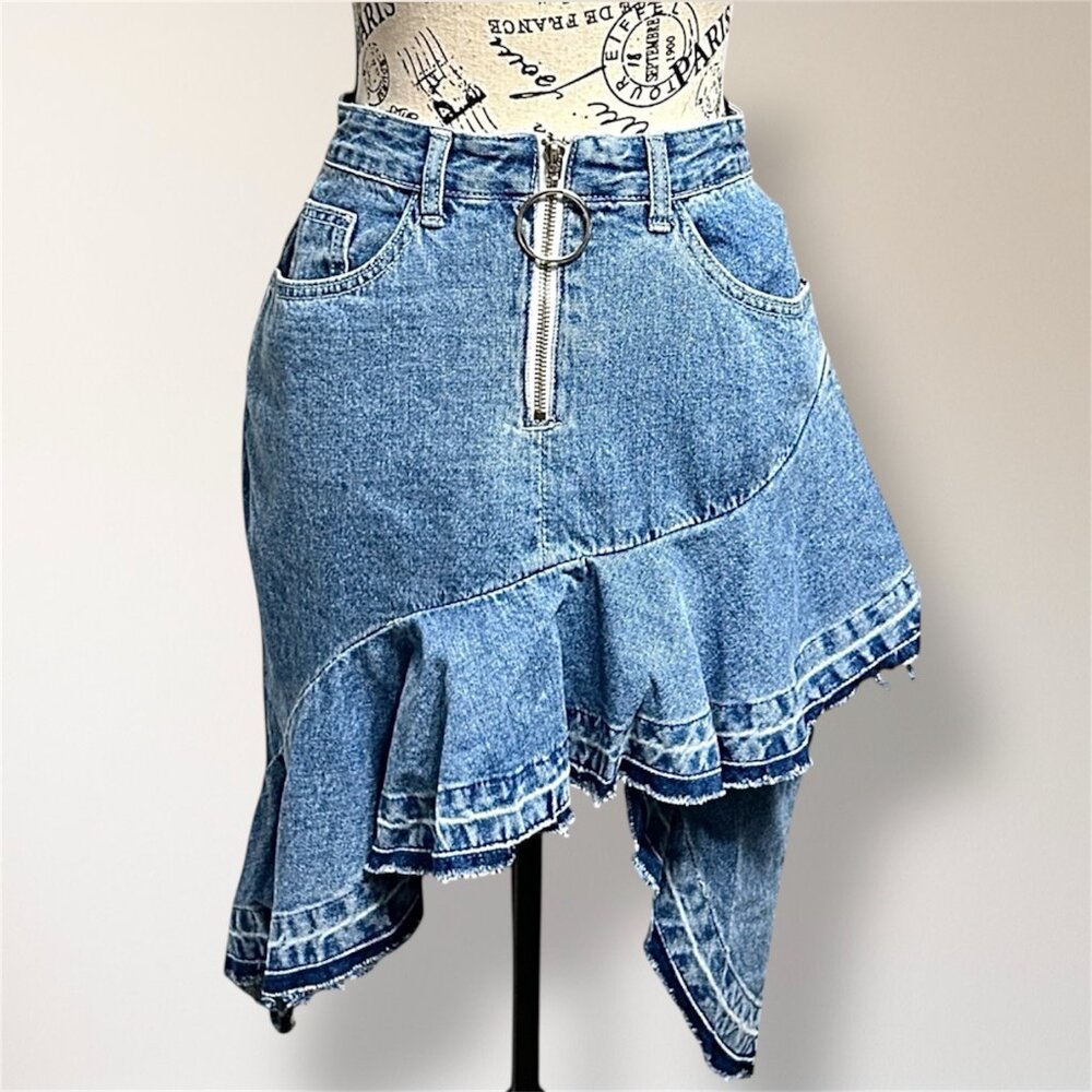 After Market S Blue Denim Asymmetrical Ruffle Raw Hem Skirt Zip Front Y2K‎ Boho